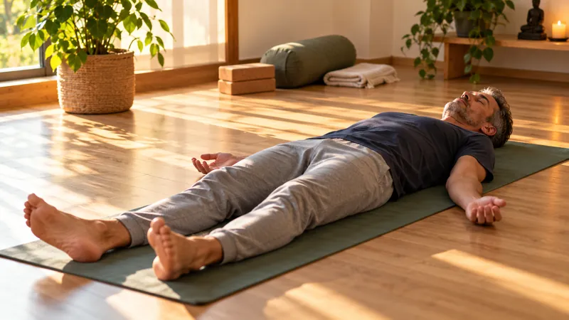 Homme allongé sur un tapis de yoga, les paumes tournées vers le plafond, pratiquant un balayage corporel dans une salle lumineuse.