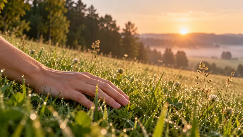 Main posée sur l'herbe couverte de rosée dans une prairie au lever du soleil, évoquant un lieu refuge pour la relaxation.