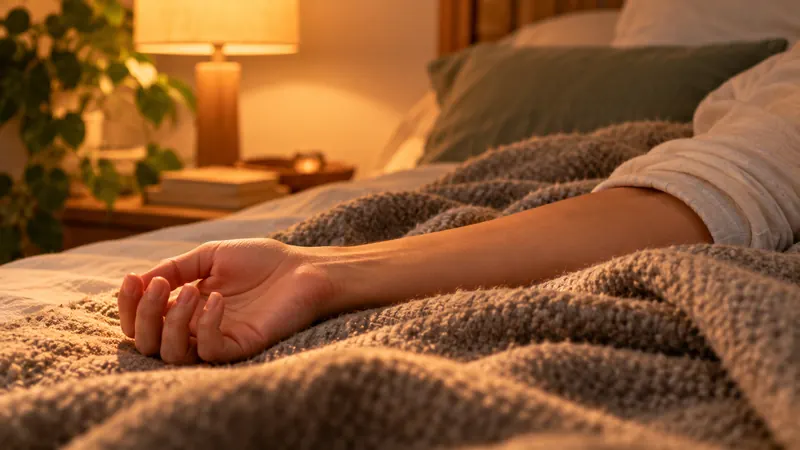 Bras détendu reposant sur une couverture en laine dans une chambre éclairée par une lampe, illustrant la relaxation par la lourdeur et la chaleur.