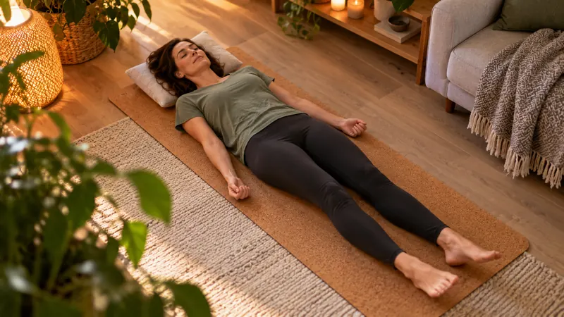Femme allongée sur un tapis de yoga en liège, les poings légèrement serrés, pratiquant la relaxation musculaire progressive de Jacobson.
