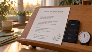 Feuille de texte de relaxation sur un pupitre en bois, accompagnée d'un smartphone dictaphone et d'un chronomètre