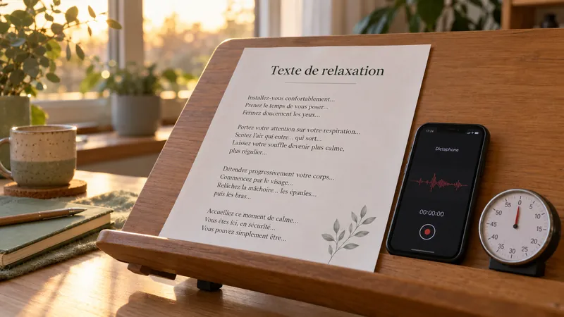 Feuille de texte de relaxation sur un pupitre en bois, accompagnée d'un smartphone dictaphone et d'un chronomètre