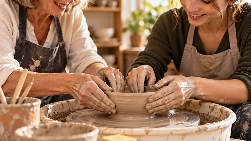 Une mère et sa fille adulte façonnent ensemble un bol en argile sur un tour de potier lors d'un atelier créatif.