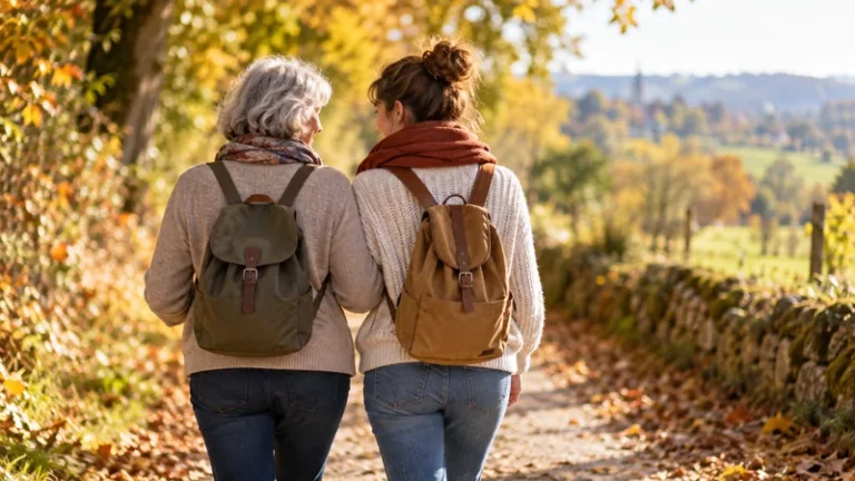Mère et fille adulte marchant côte à côte sur un chemin de campagne en automne lors d’un week-end mère fille.