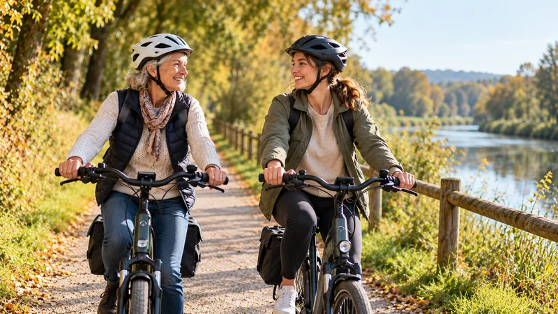 Une mère et sa fille adulte profitent d'une balade à vélo sur une voie verte arborée au bord de l'eau.