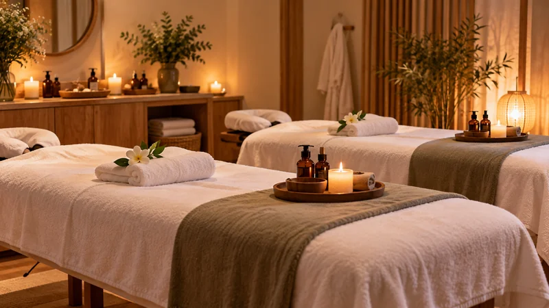 Cabine de spa avec deux tables de massage, serviettes blanches, huiles et bougies pour un week-end mère fille relaxant.