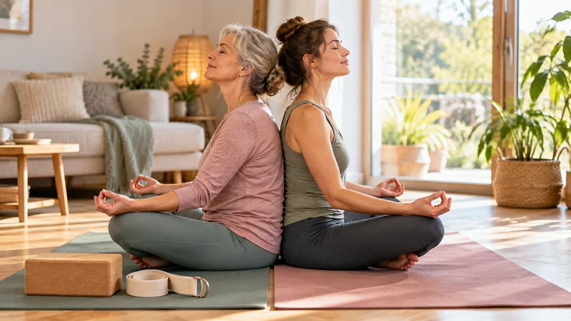 Une mère et sa fille adulte pratiquent le yoga dos à dos dans un salon lumineux pendant un week-end mère fille.